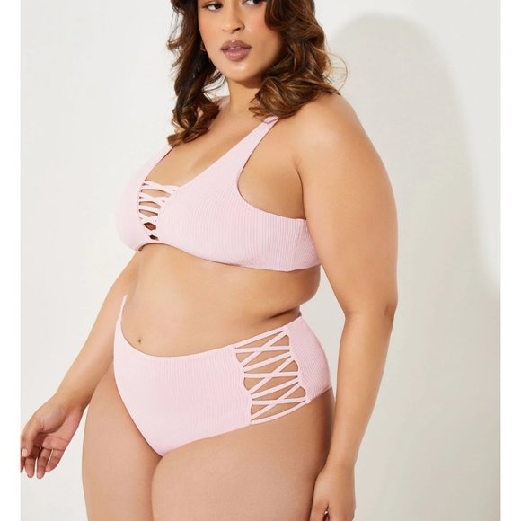 NWT YMI 3X Set Ribbed Lattice Bikini Sexy Pink - Picture 4 of 8